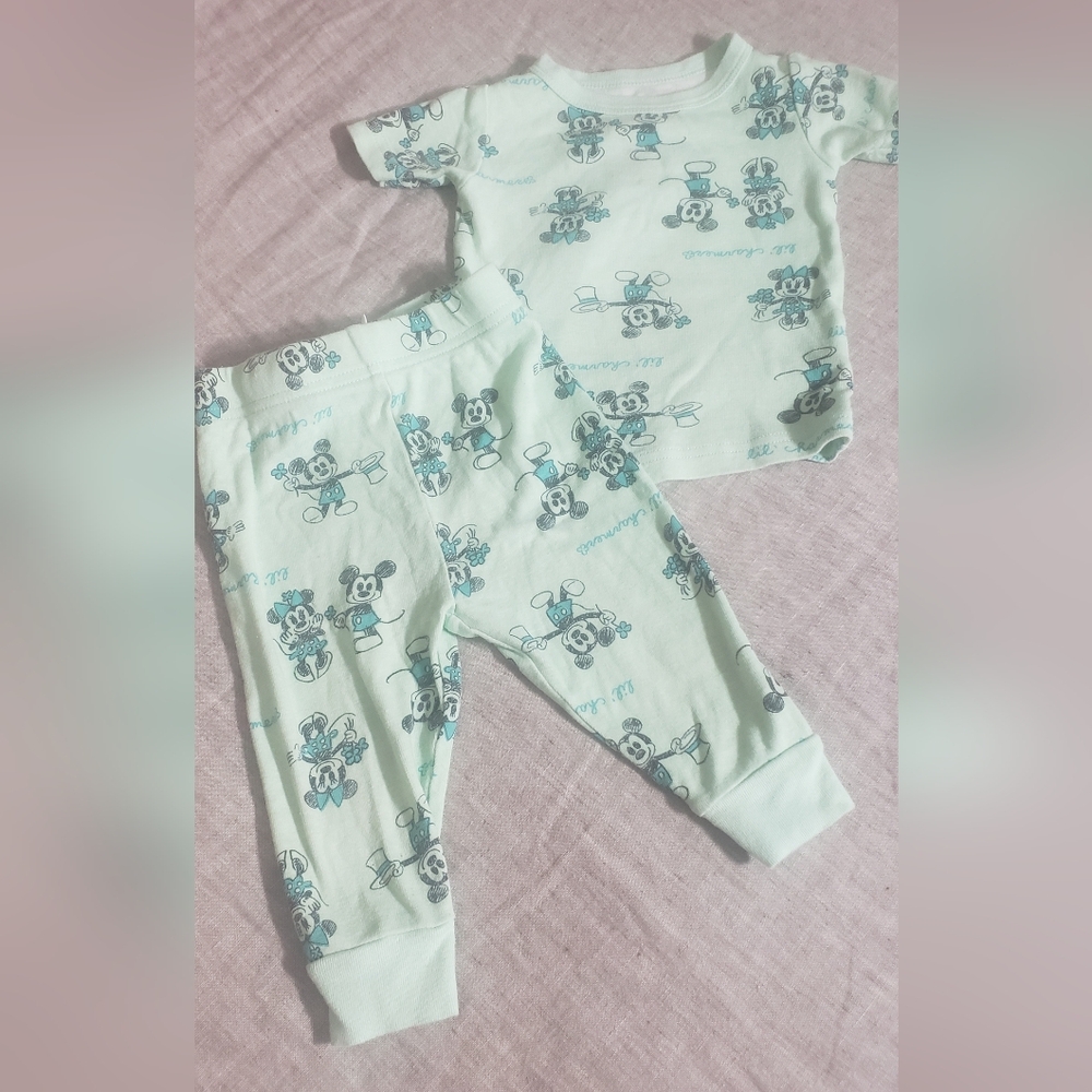 Disney Mickey Mouse Minnie 12 Months Baby 2 Piece Pajamas Mint Green